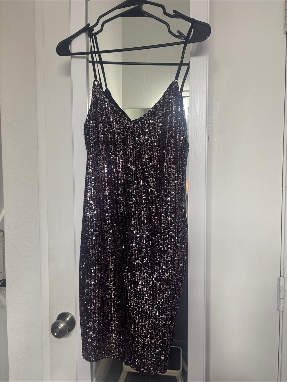 Iris Sequin Slip Dress - Black with Silver Sparkle